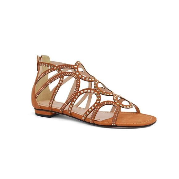 Klub Nico Joella Sandals Flats Leather Tan Size 7 Neutral Zipper Studded Boho - Picture 1 of 10